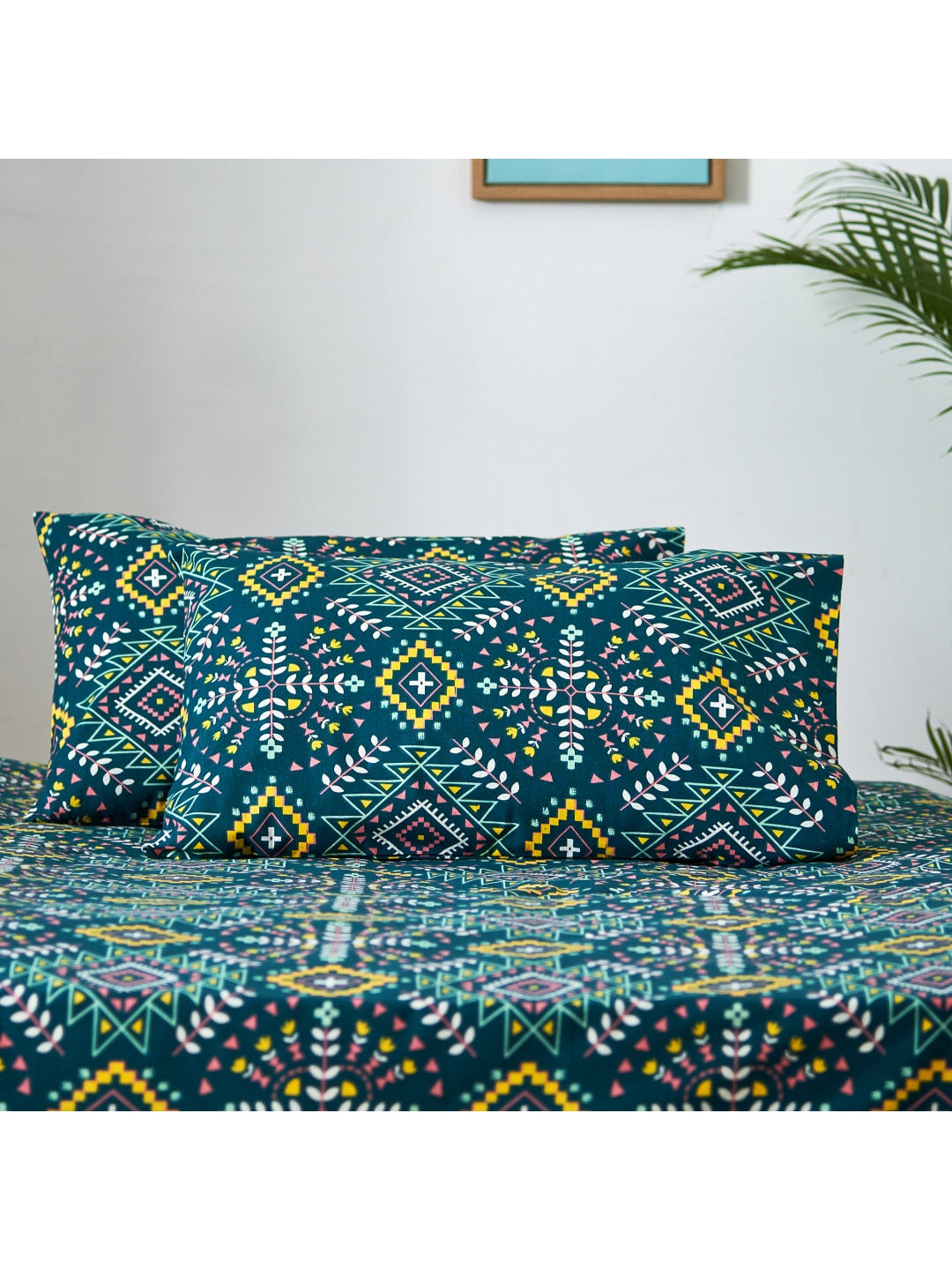 Chumbak Blue & Yellow Ethnic Motifs 136 TC Queen Bedsheet with 2 Pillow Covers