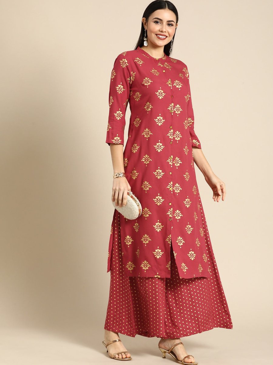 All About You Women Red Ethnic Motifs Printed Kurta with Palazzos