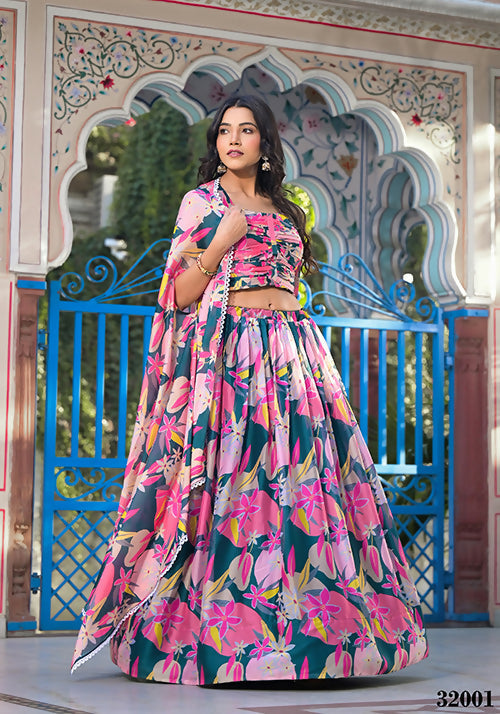 Wedding Partywear Green with Pink Slim Georgette Lehenga Choli with Shrug- Shehnaaz