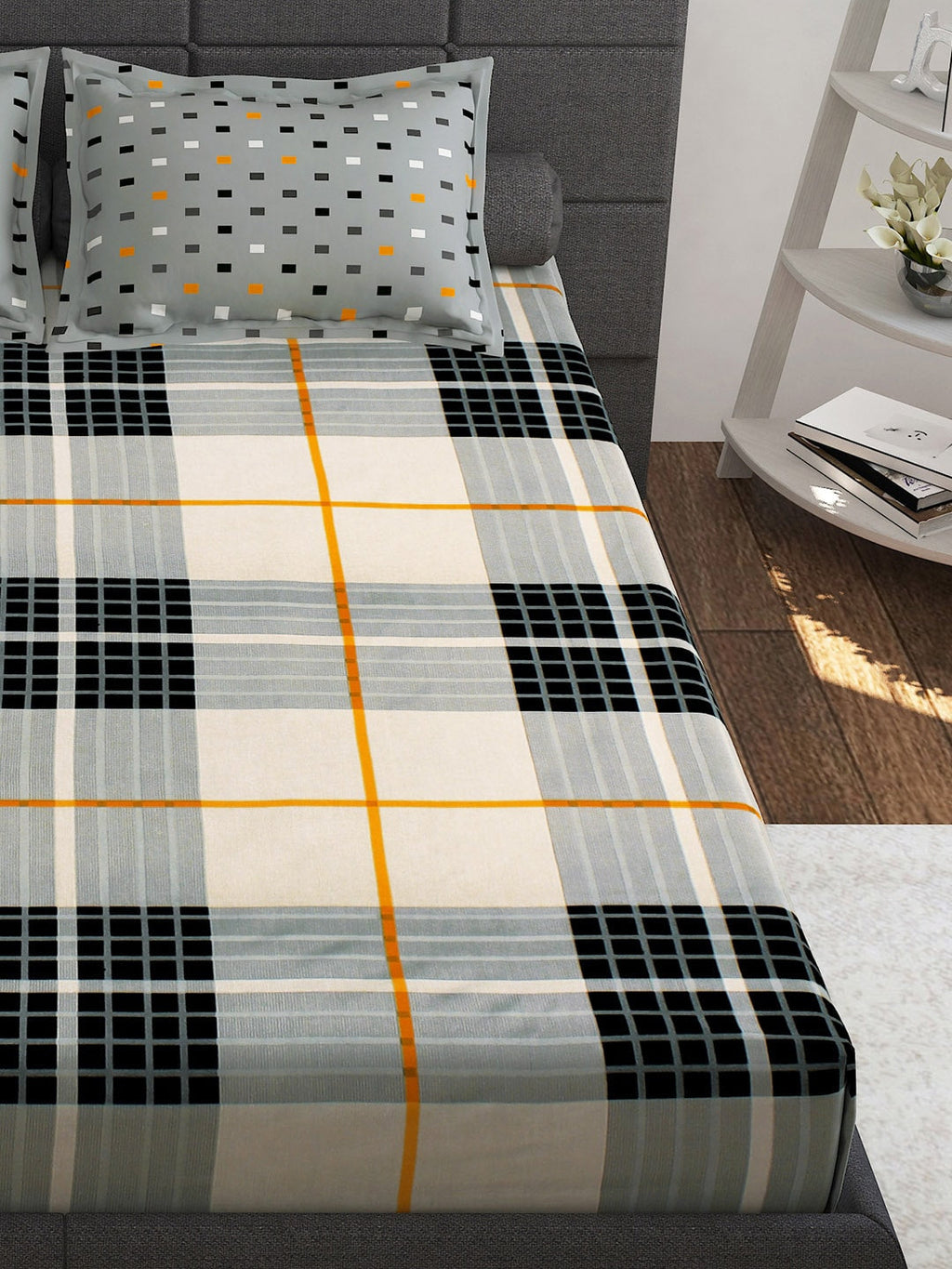 Story@home White & Grey Geometric Cotton 152 TC Queen Bedsheet With 2 Pillow Covers