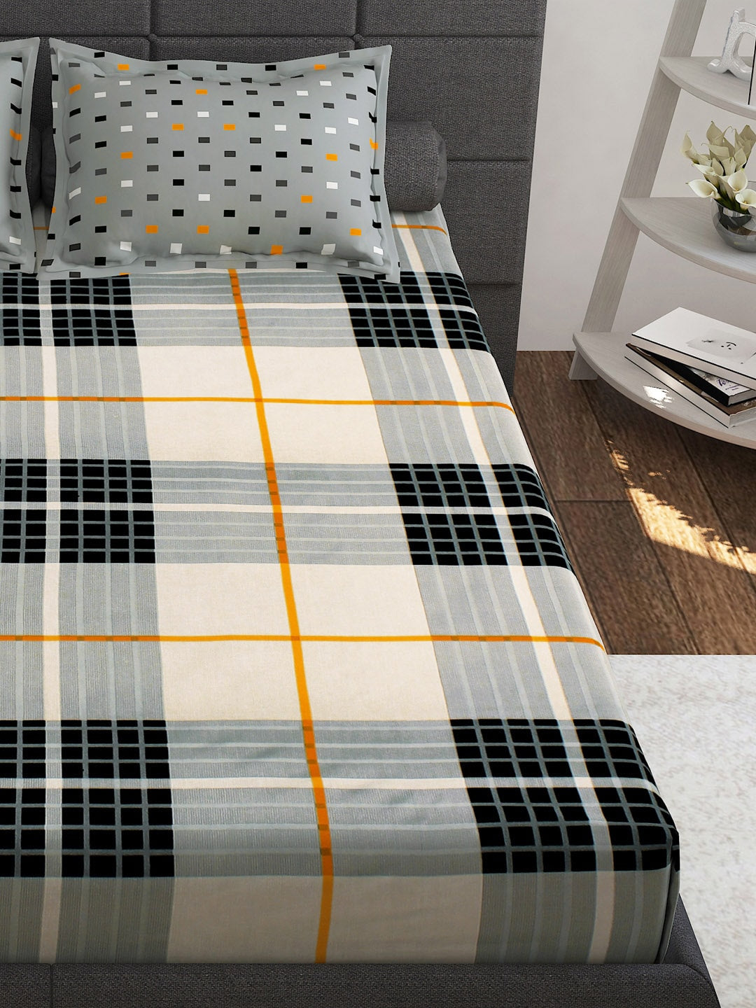 Story@home White & Grey Geometric Cotton 152 TC Queen Bedsheet With 2 Pillow Covers