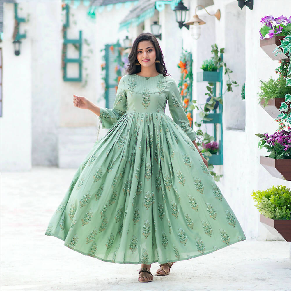 Partywear Designer Digital Printed Moss Green Pure Maslin Gown - Anbazaar - Distacart