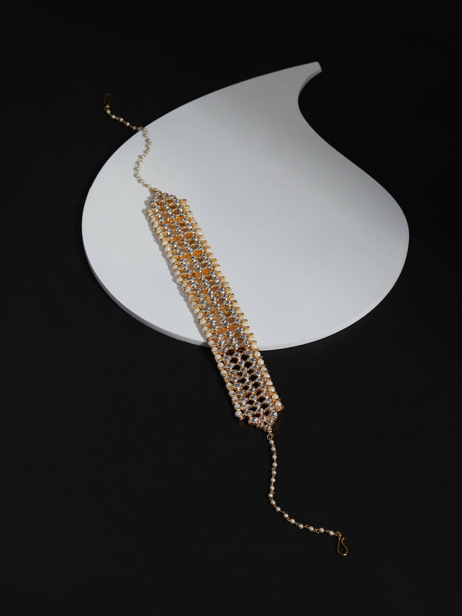 Gold-Plated White Kundan-Studded Pearl Beaded Hair Band - Ruby Raang - Distacart