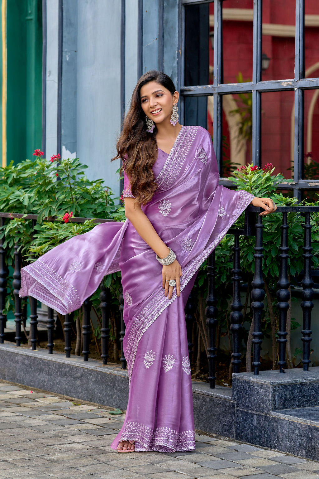 Vastranavya Lavender Embroidery Work Shimmer Chiffon Saree with Unstitched Blouse - Distacart