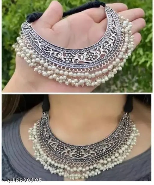 Tehzeeb Creations Women's Silver Colour Oxidised Necklace With White Pearl