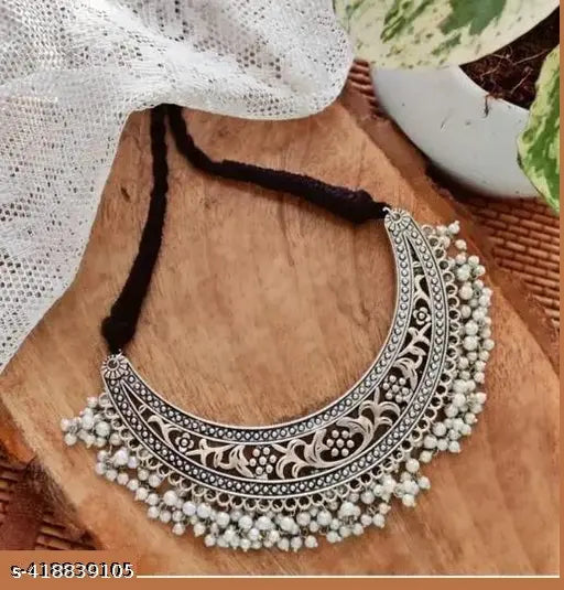 Tehzeeb Creations Women's Silver Colour Oxidised Necklace With White Pearl