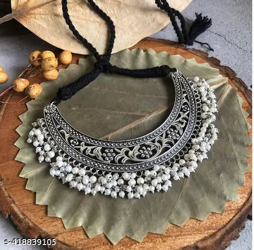 Tehzeeb Creations Women's Silver Colour Oxidised Necklace With White Pearl