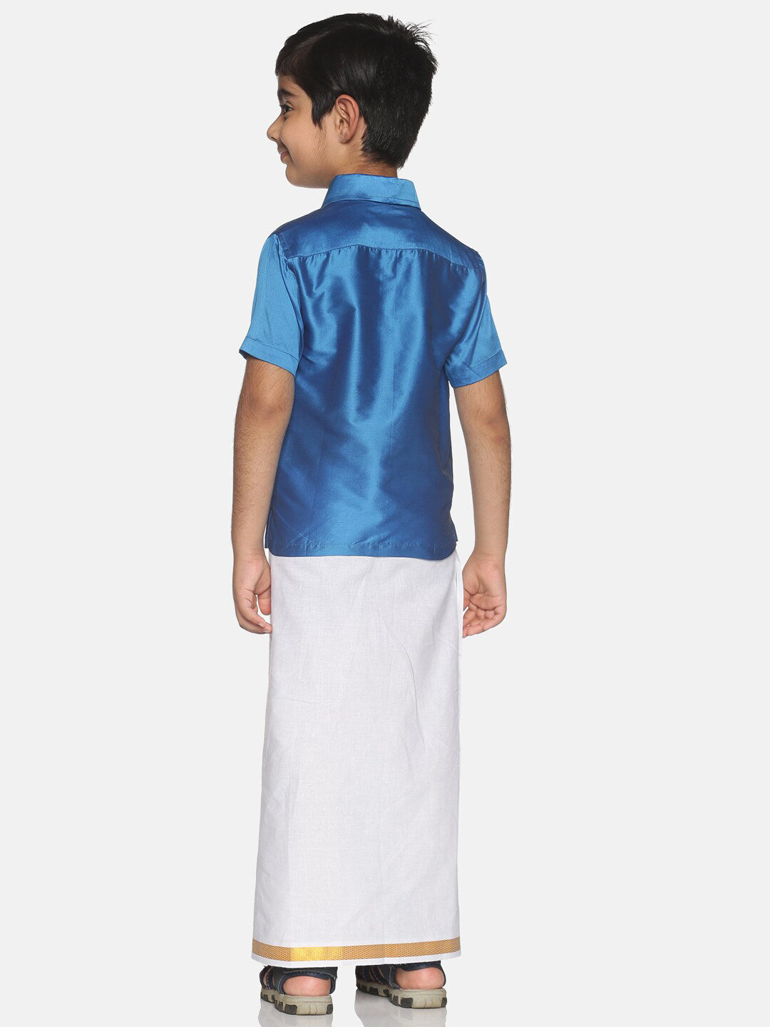 Sethukrishna Blue & White Solid Shirt and Veshti Set For Boys
