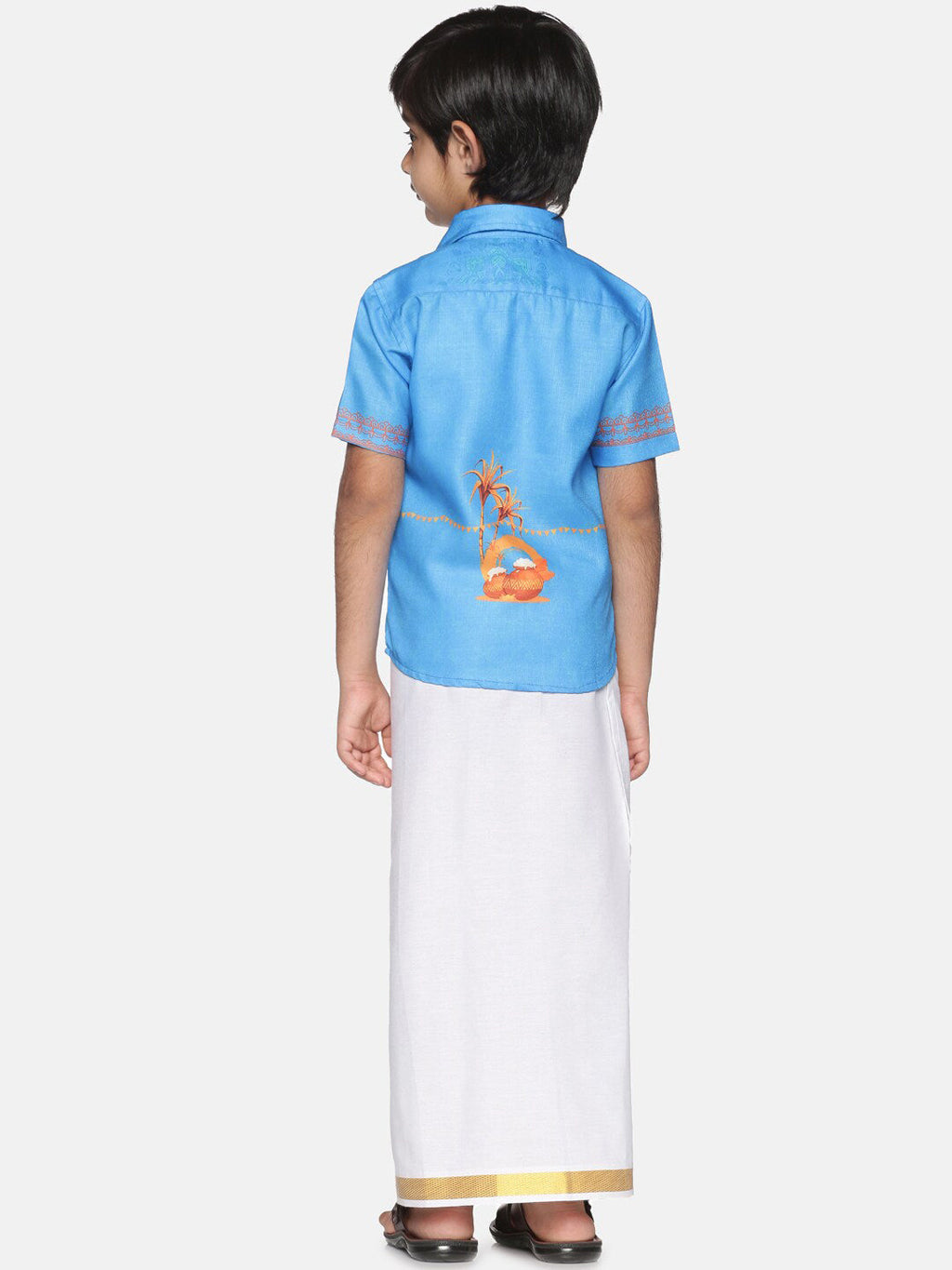 Sethukrishna Boys Traditional Boys Blue & White Printed Shirt with Dhoti