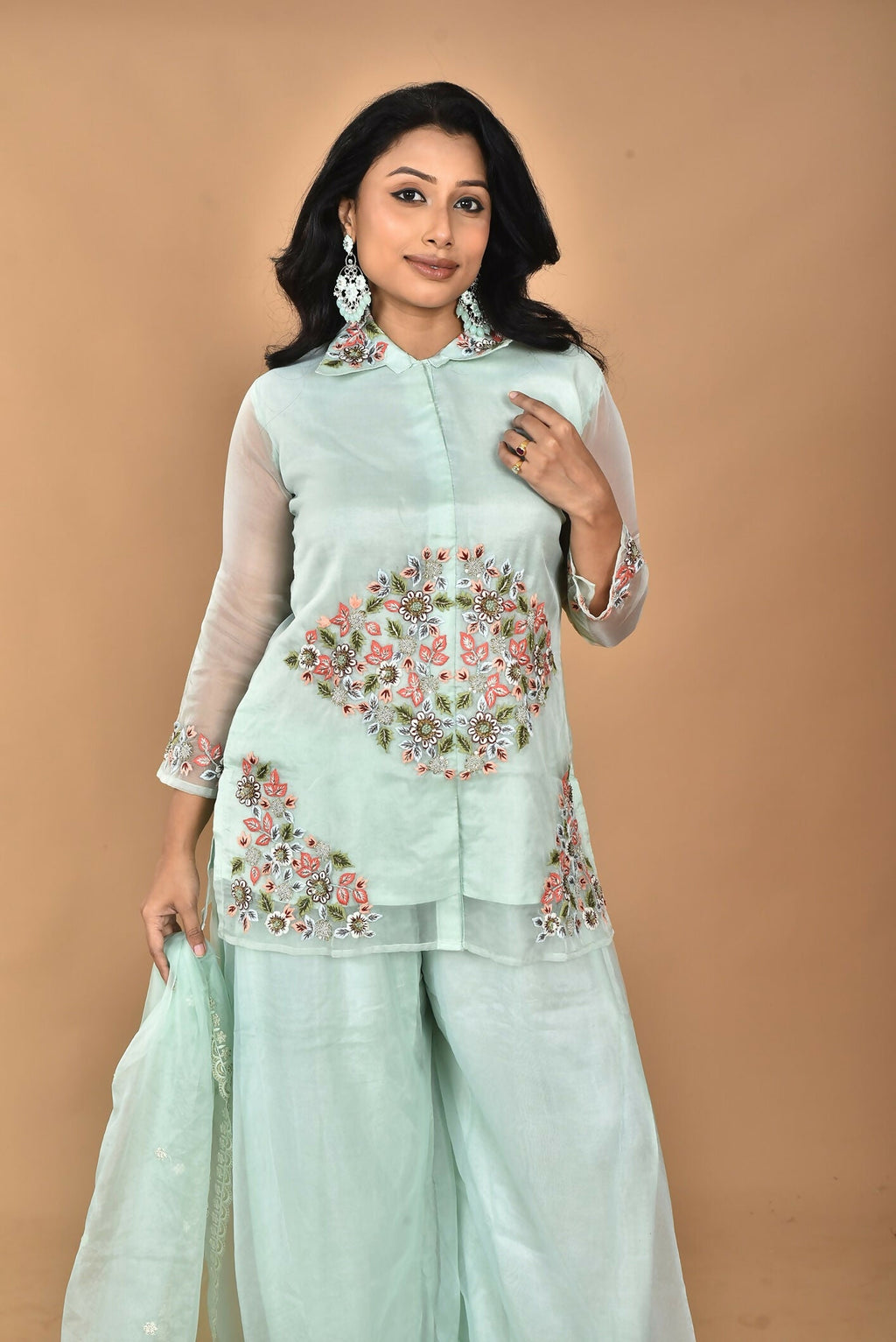 Morchari Women And Hand Embroidery Palazzo Set-Sea Green