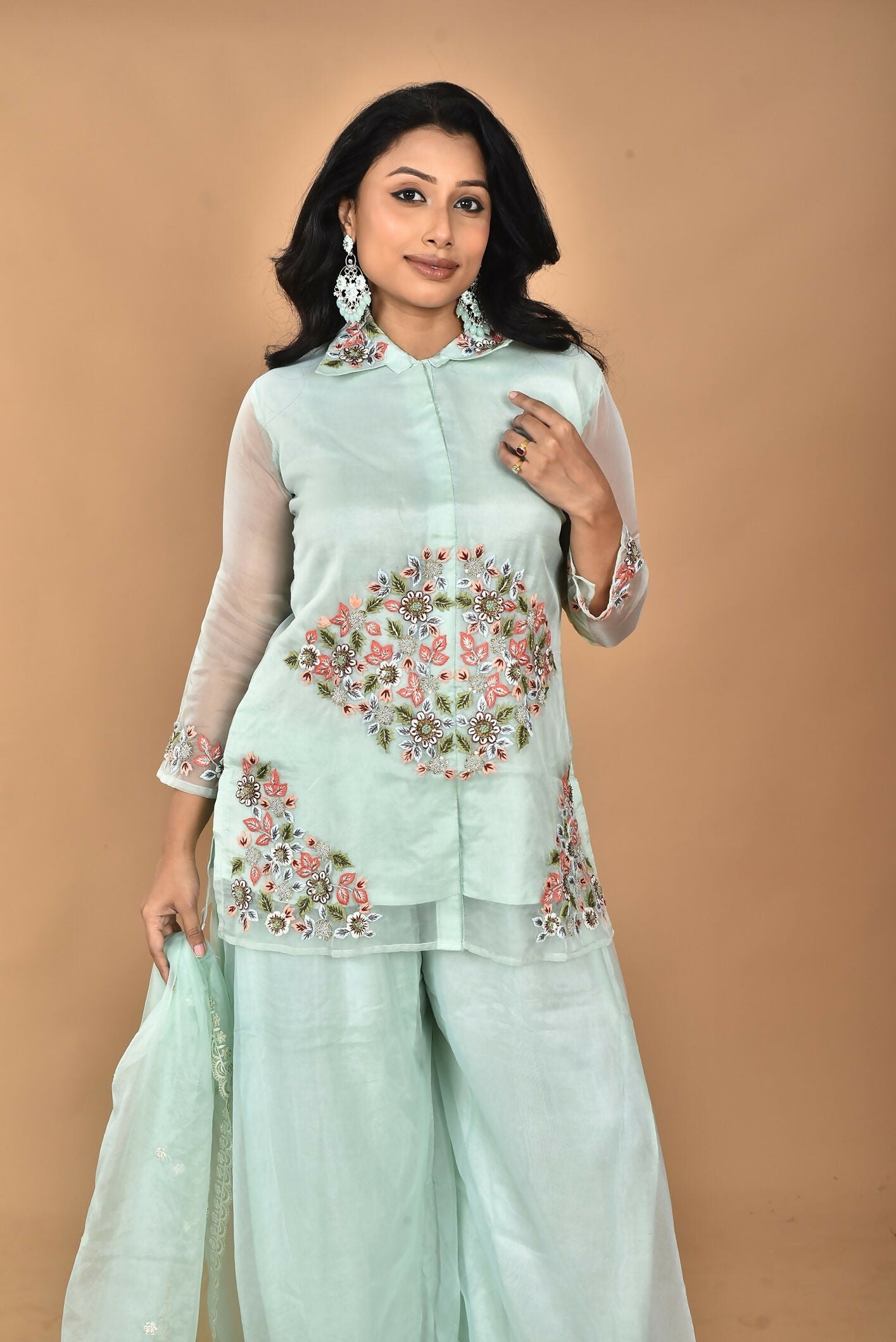 Morchari Women And Hand Embroidery Palazzo Set-Sea Green