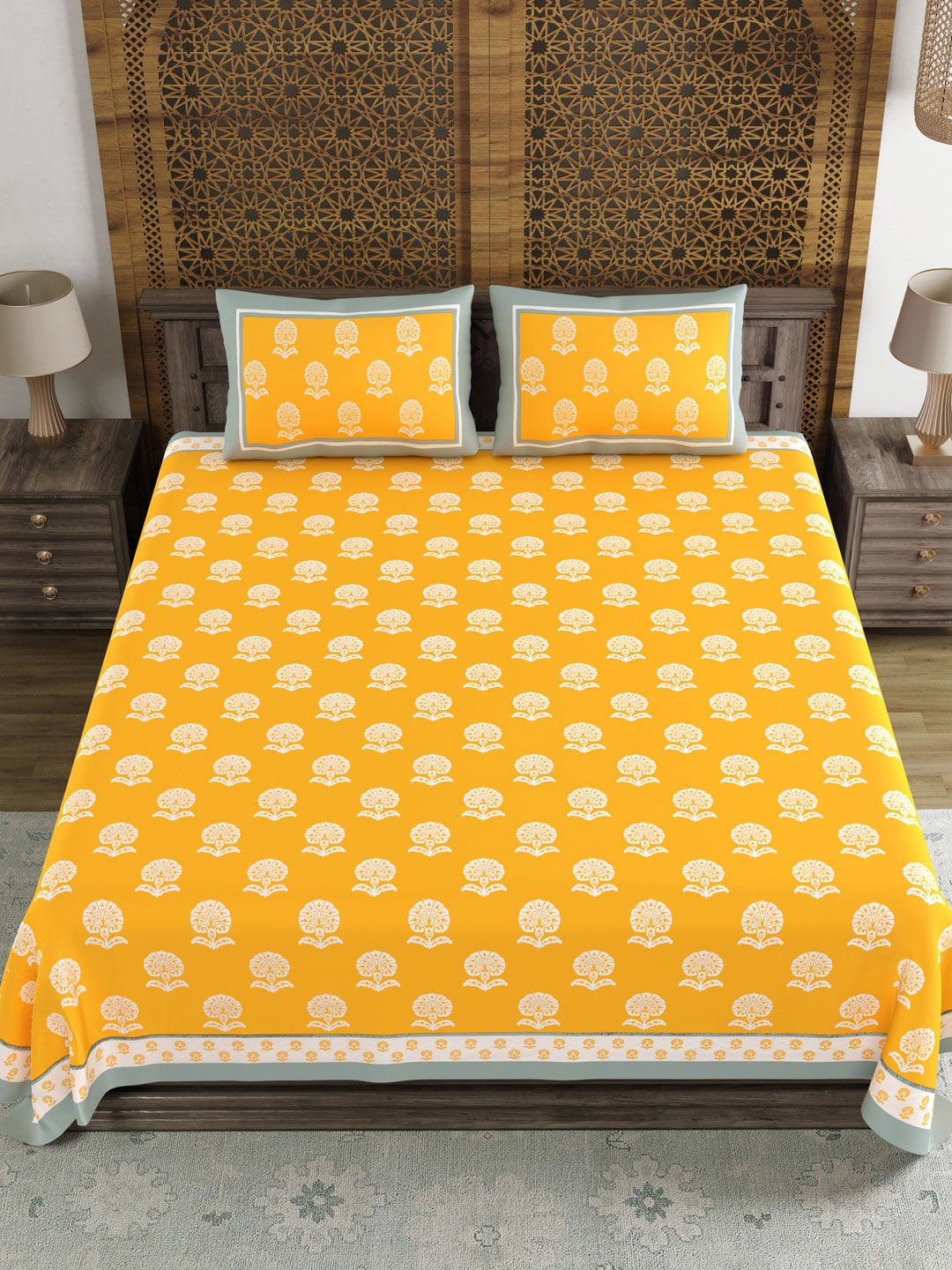 BLOCKS OF INDIA Yellow Ethnic Motifs Cotton 210 TC Super King Bedsheet & 2 Pillow Covers