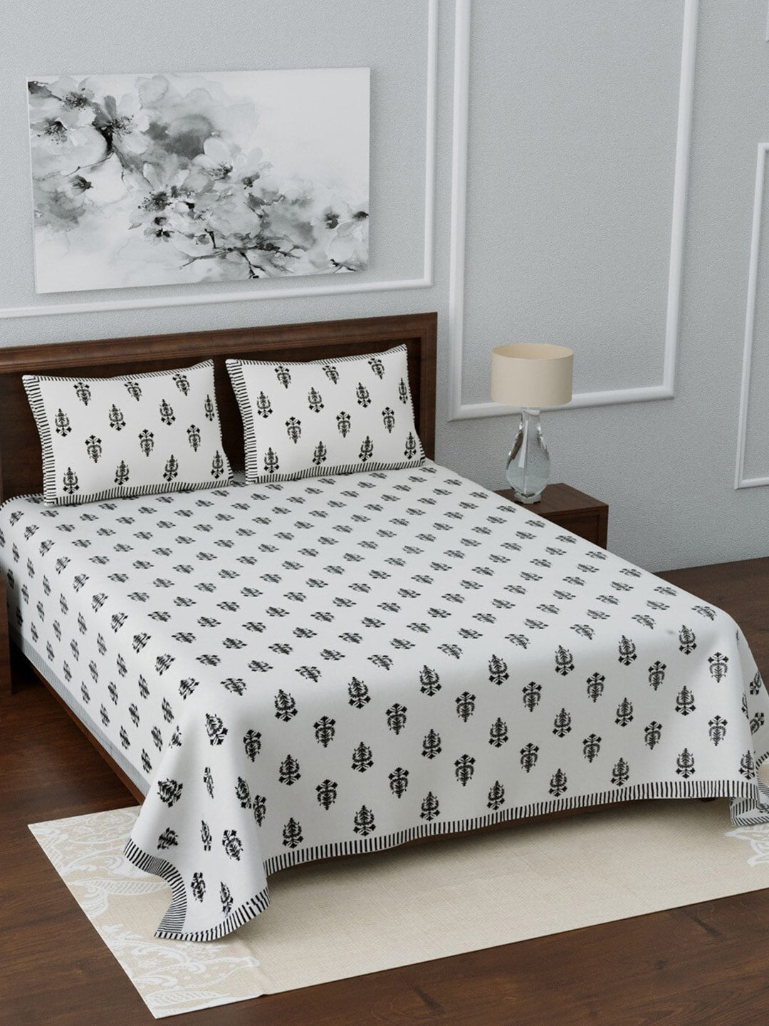 LIVING ROOTS White & Grey Ethnic Motifs 210 TC King Bedsheet with 2 Pillow Covers