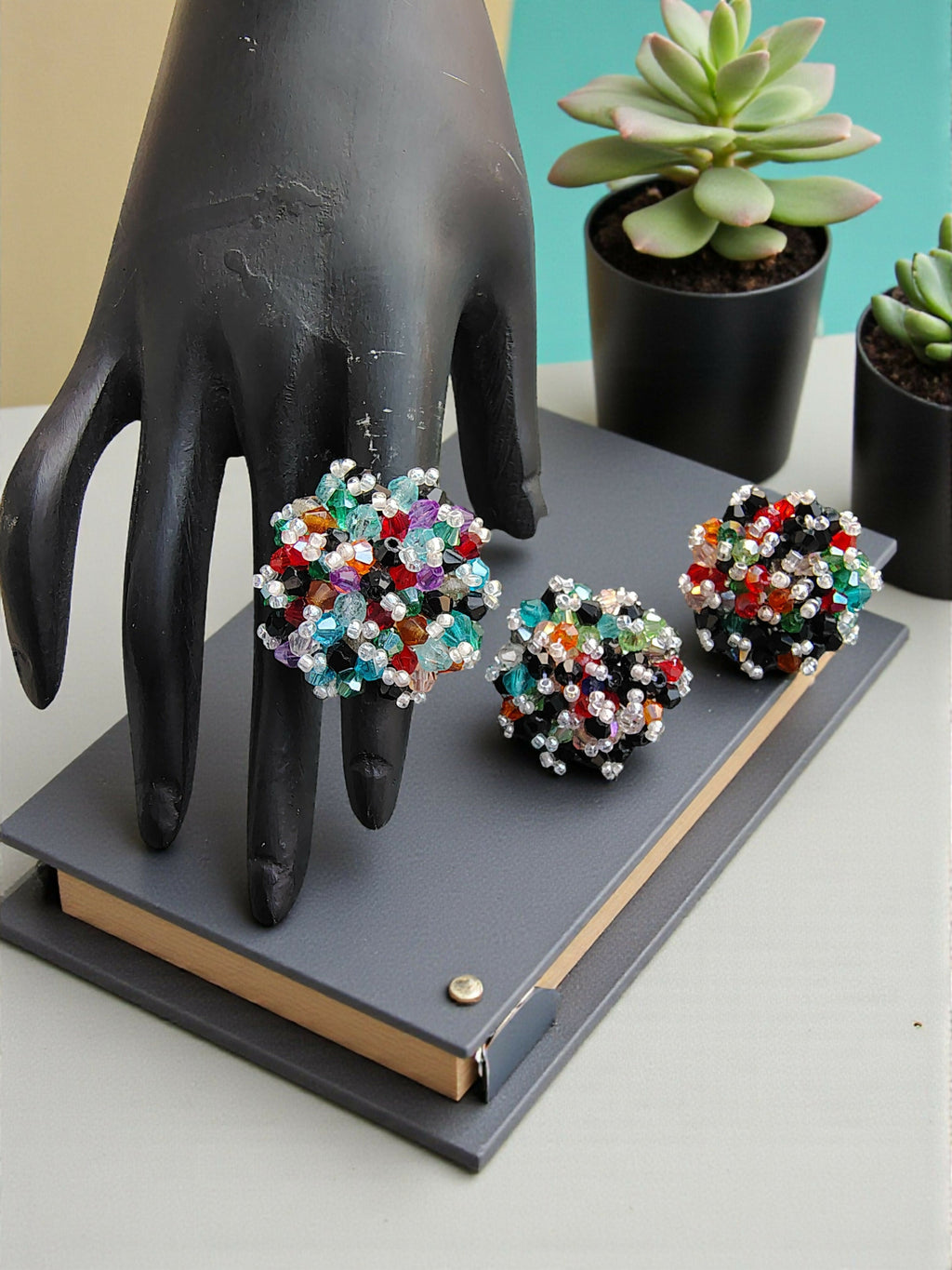 Inhanns Rangmani Crystal Duo – Adjustable Ring + Statement Earrings Set - Multicolor 1 - Distacart