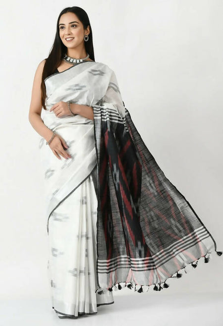 Mominos Fashion Moeza White & Black Bhagalpuri Handloom Ikat Pure Cotton Saree with unstitched Blouse piece