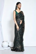 Green Satin Silk Foil Print Festive Saree - Nimaya Denzy