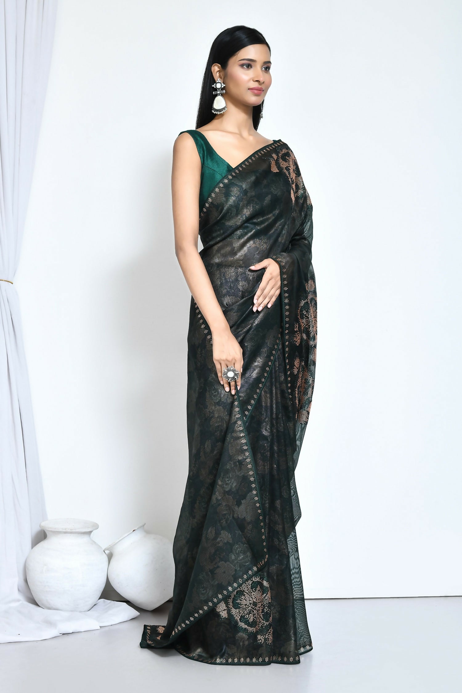 Green Satin Silk Foil Print Festive Saree - Nimaya Denzy