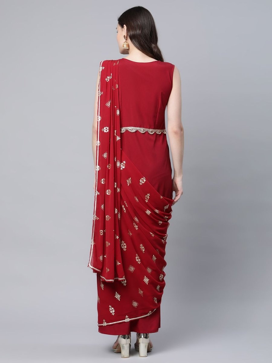 Ahalyaa Women Maroon Crepe Georgette Printed Saree Dress With Printed Pallu - Distacart
