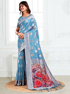 Shree Shyam Fashion Linen Cotton Sky Blue Saree - Distacart