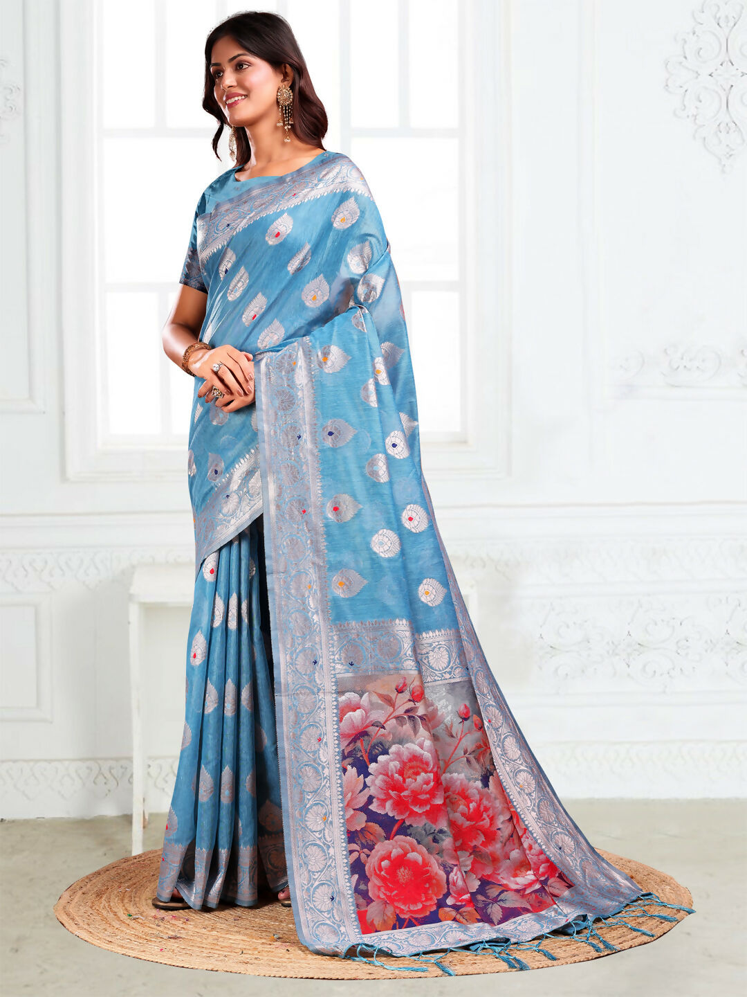 Shree Shyam Fashion Linen Cotton Sky Blue Saree - Distacart