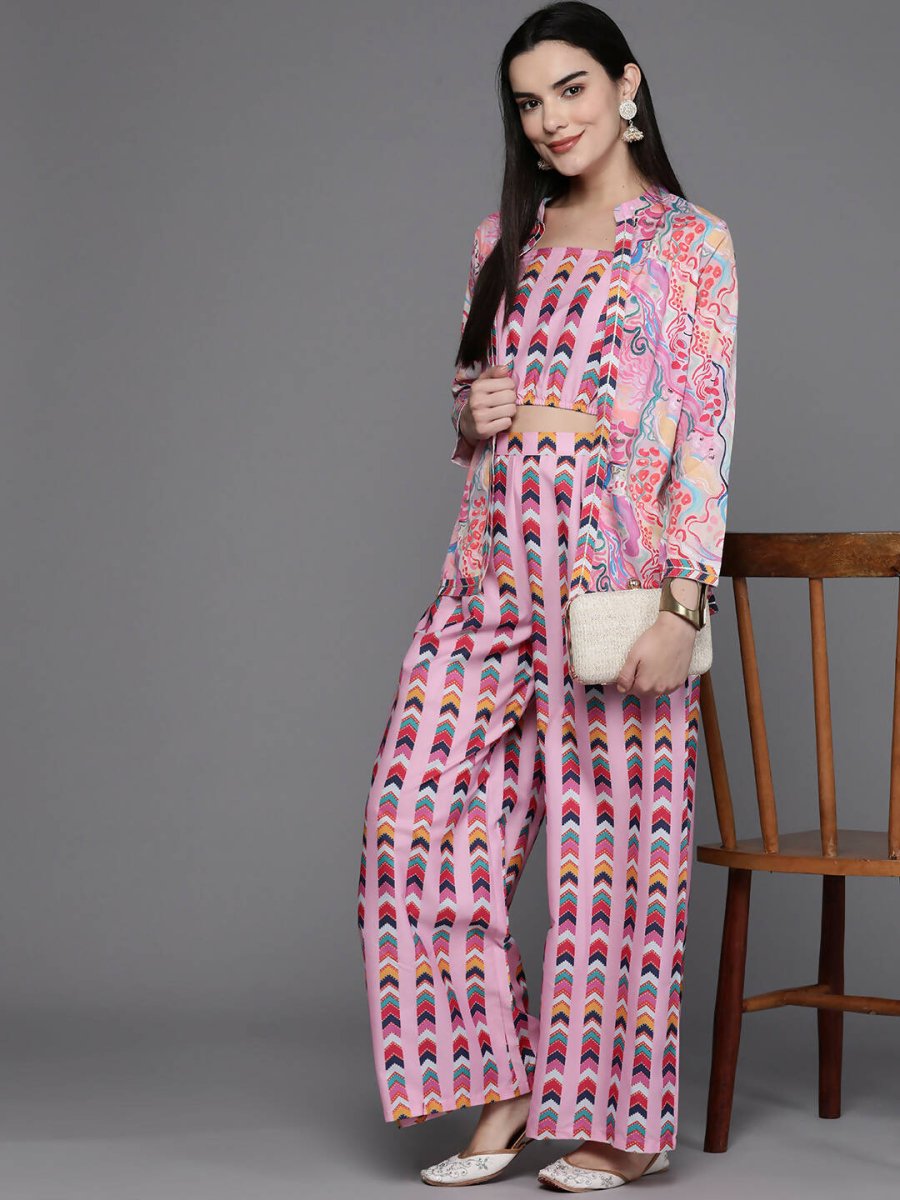 Ahalyaa Women Printed Crop Top with Palazzos & Jacket - Multi Color