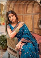 DEIANA'S Beautiful Designer Golden zari Soft Lichi Silk Saree - Blue