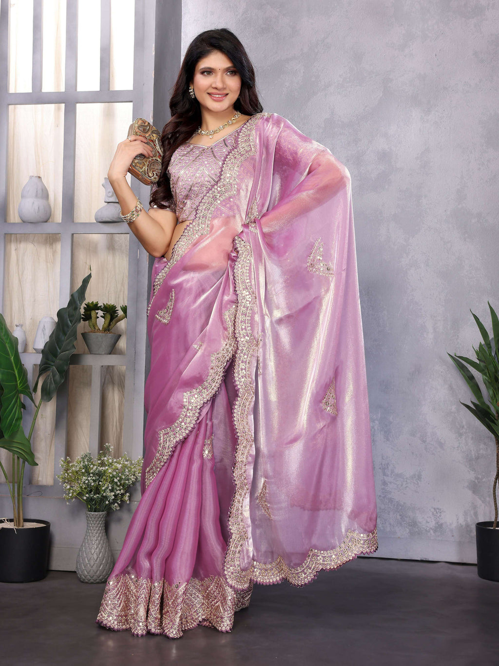 Vastranavya Lavender Embroidery Work Shimmer Chiffon Saree with Unstitched Blouse - Distacart
