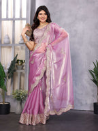 Vastranavya Lavender Embroidery Work Shimmer Chiffon Saree with Unstitched Blouse - Distacart