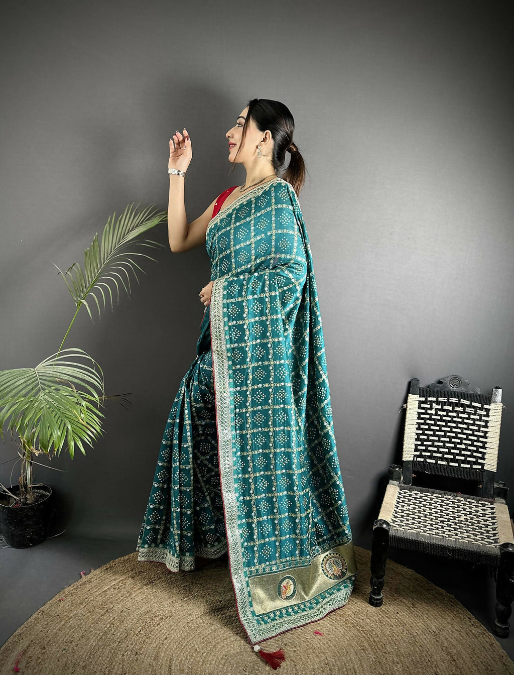 Joban Fashion Emerald Blue Bandhej Bandhani Vichitra Silk Bandhani Prints Saree - Distacart