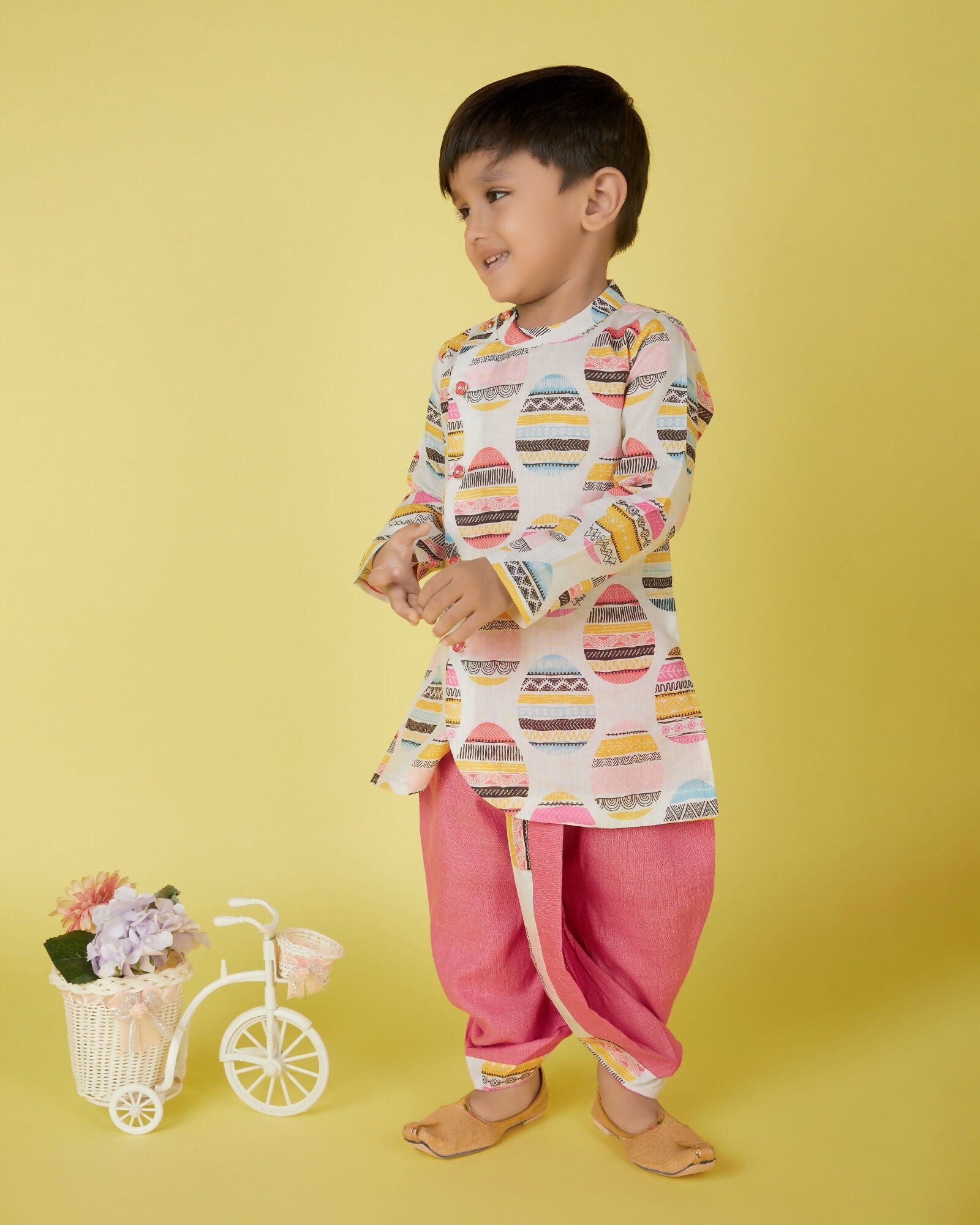 Joban Fashion Kids Island Cotton Full Sleeves printed Kurta and Solid Dhoti - Pink - Distacart