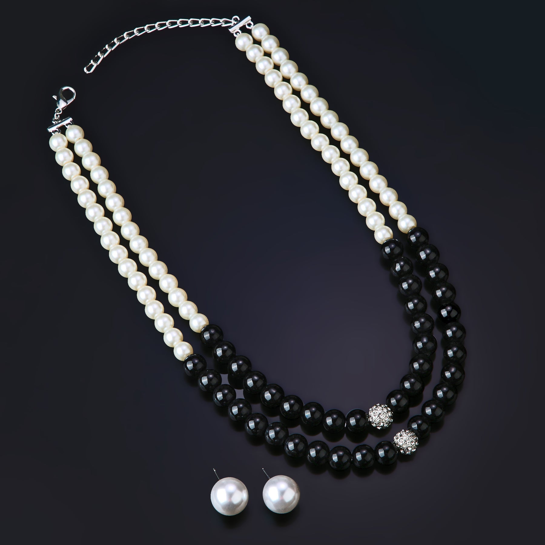 Estele Rhodium Plated Classic Double Line Pearl Necklace Set for Women