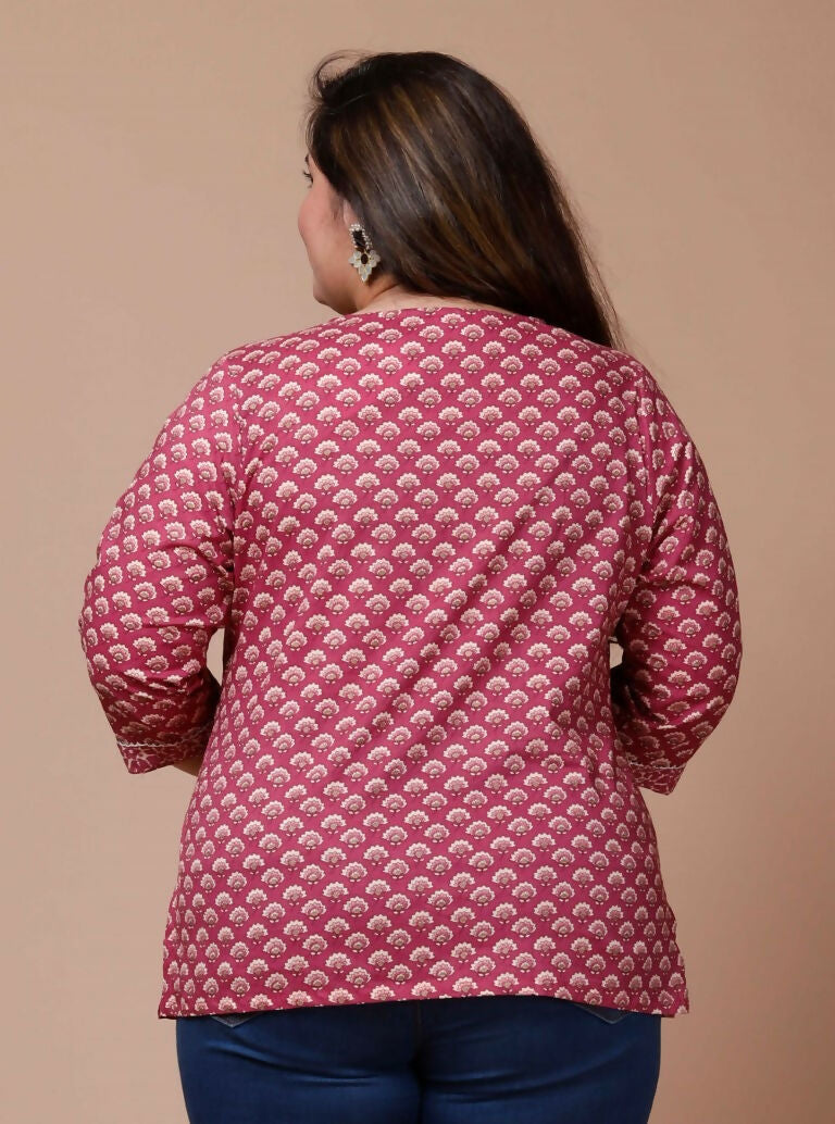 Miravan Women's Plus Size Pink Floral Printed Cotton Kurti