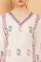 Cheera Women Stylish Hand Block Printed Cotton Blend Flared Kurta - Off White
