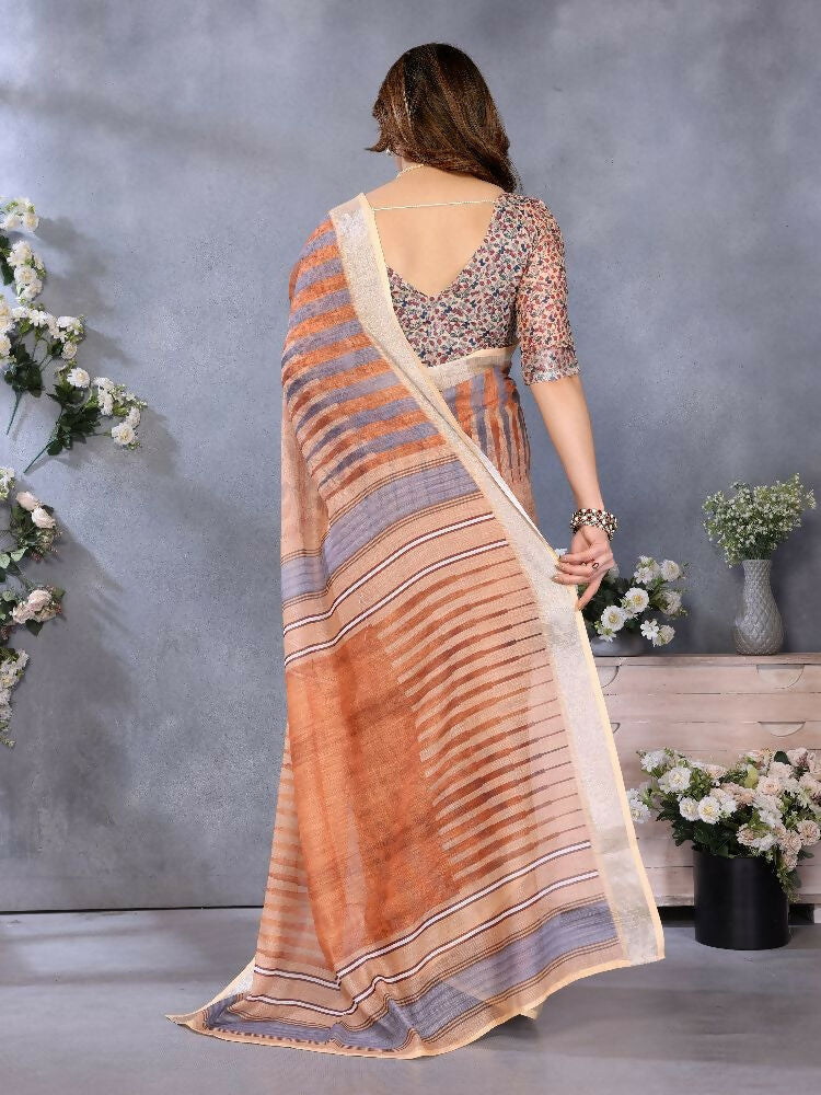 PR Fashion Brown Handloom Linen Cotton Saree