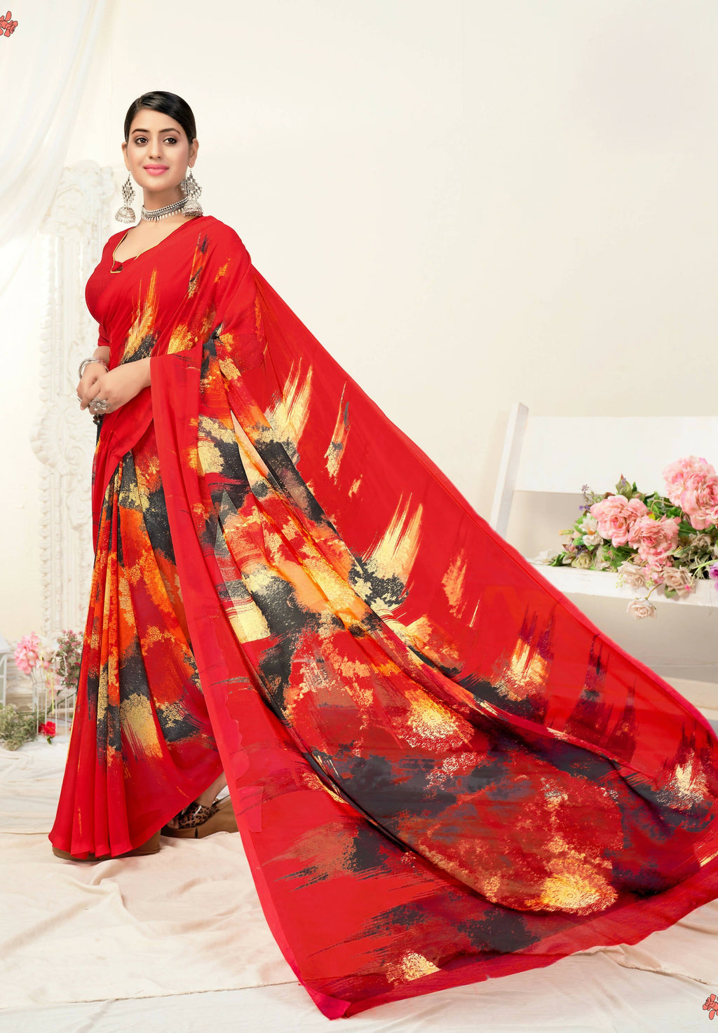 Red Georgette Texture Printed Saree With Unstitched Blouse Piece - Jyoti