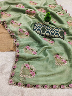 Teeya Creation Pista Color Pure Paper Silk Heavy Embroidery Work Wedding Wear Saree - Distacart