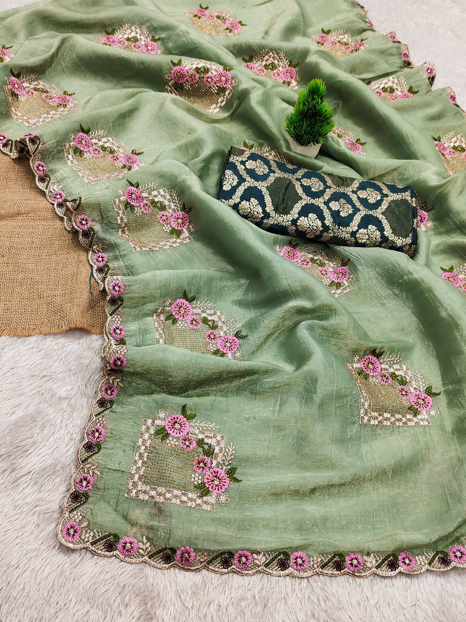 Teeya Creation Pista Color Pure Paper Silk Heavy Embroidery Work Wedding Wear Saree - Distacart