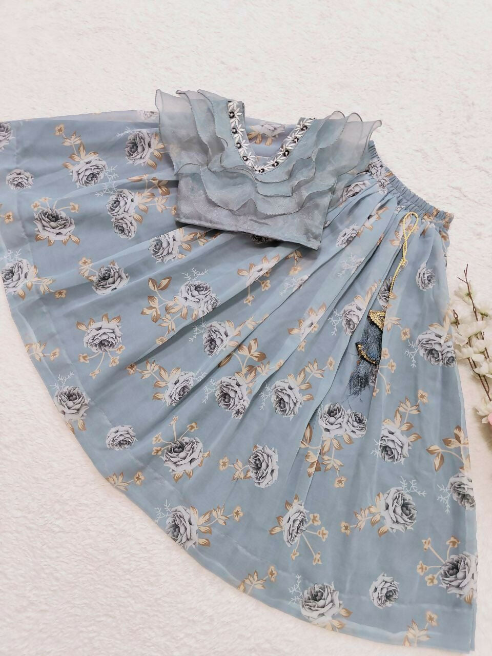 Jyoti Fashion Charming Grey Faux Georgette Digital Printed with Fancy Latkan Work Kids Lehenga Choli Set