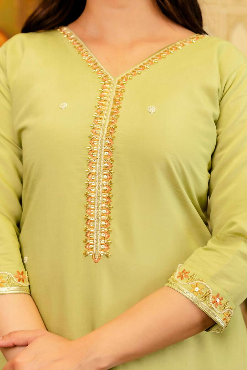 The52 Lemons Women's Beautiful Viscose Shimmer Fabric Embroidered Work Straight Kurta Pant and Dupatta Set - Distacart