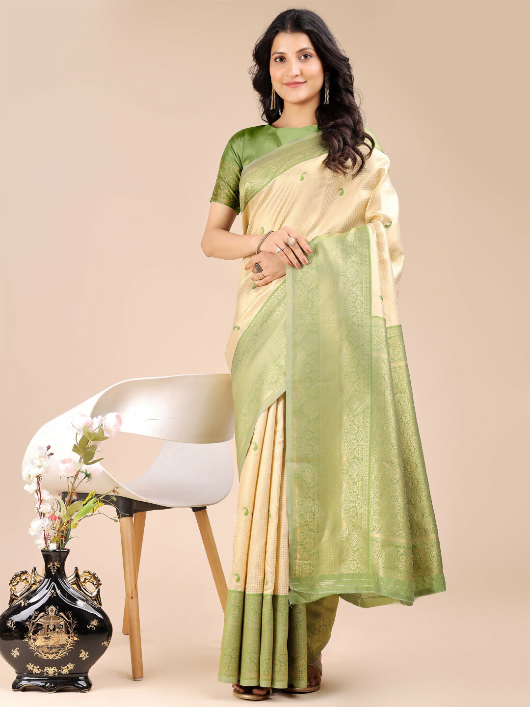 Shree Shyam Fashion Aura Silk Cream Light Green Banarasi Silk Saree