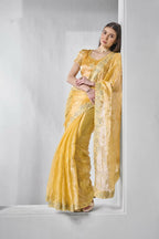 Yellow Burburry silk Designer Embroidery Work Saree - Shezlin