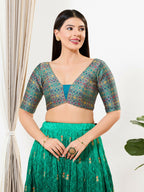 Joban Fashion Peacock Blue Brocade Padded Blouse With V Neck Elbow Sleeves - Distacart