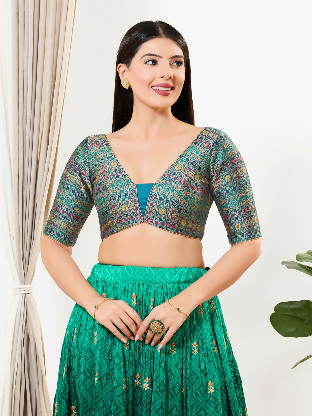 Joban Fashion Peacock Blue Brocade Padded Blouse With V Neck Elbow Sleeves - Distacart