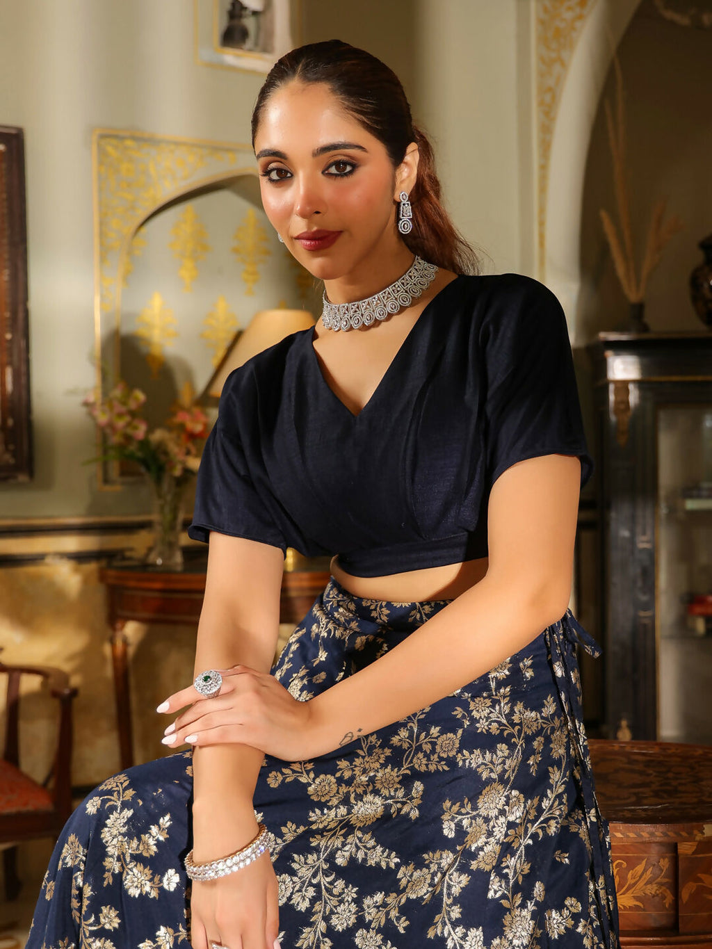 Janasya Navy Blue Silk Blend Solid Lehenga Choli