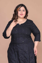 Miravan Women's Plus Size Black Mirror Work Embroidered Pakistani Straight Kurti