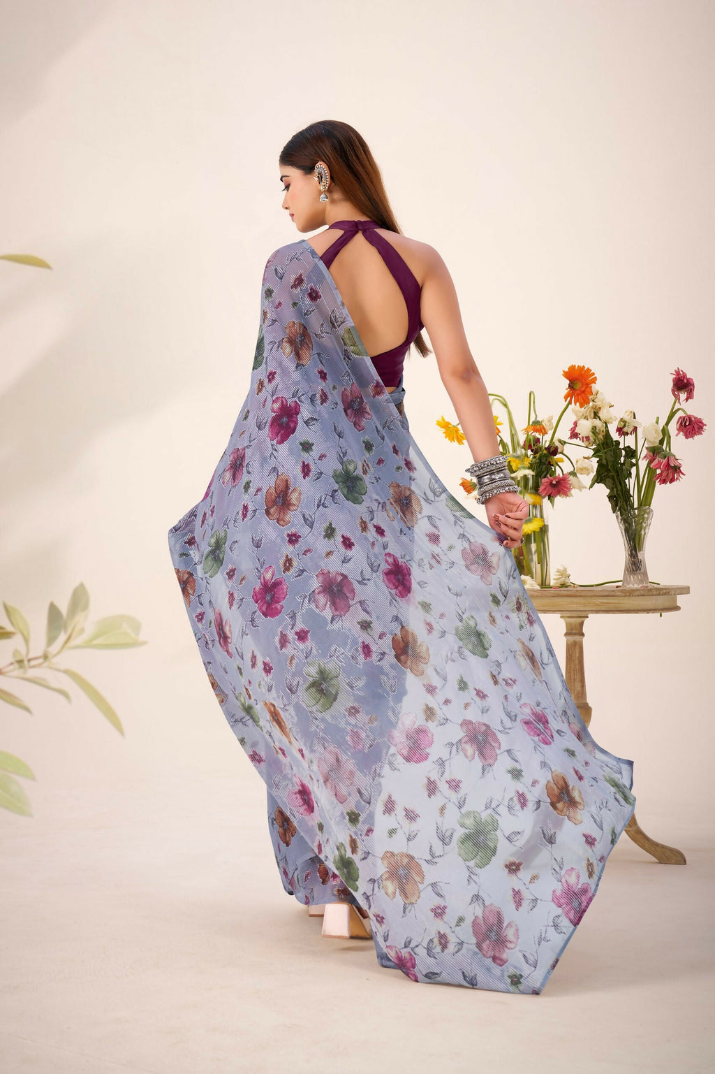 Vastranavya Grey Lurex Brasso Floral Printed Saree with Unstitched Blouse - Distacart