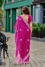 Vastranavya Pink Embroidery Work Shimmer Chiffon Saree with Unstitched Blouse - Distacart