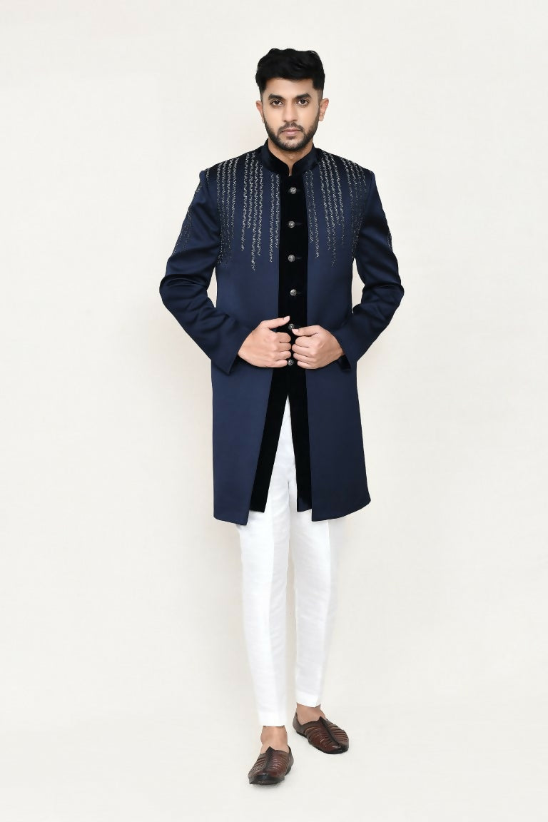 Joban Fashion Blue Colored Velvet Fabric Open Jacket, Indo Western With Straight Fit Pant