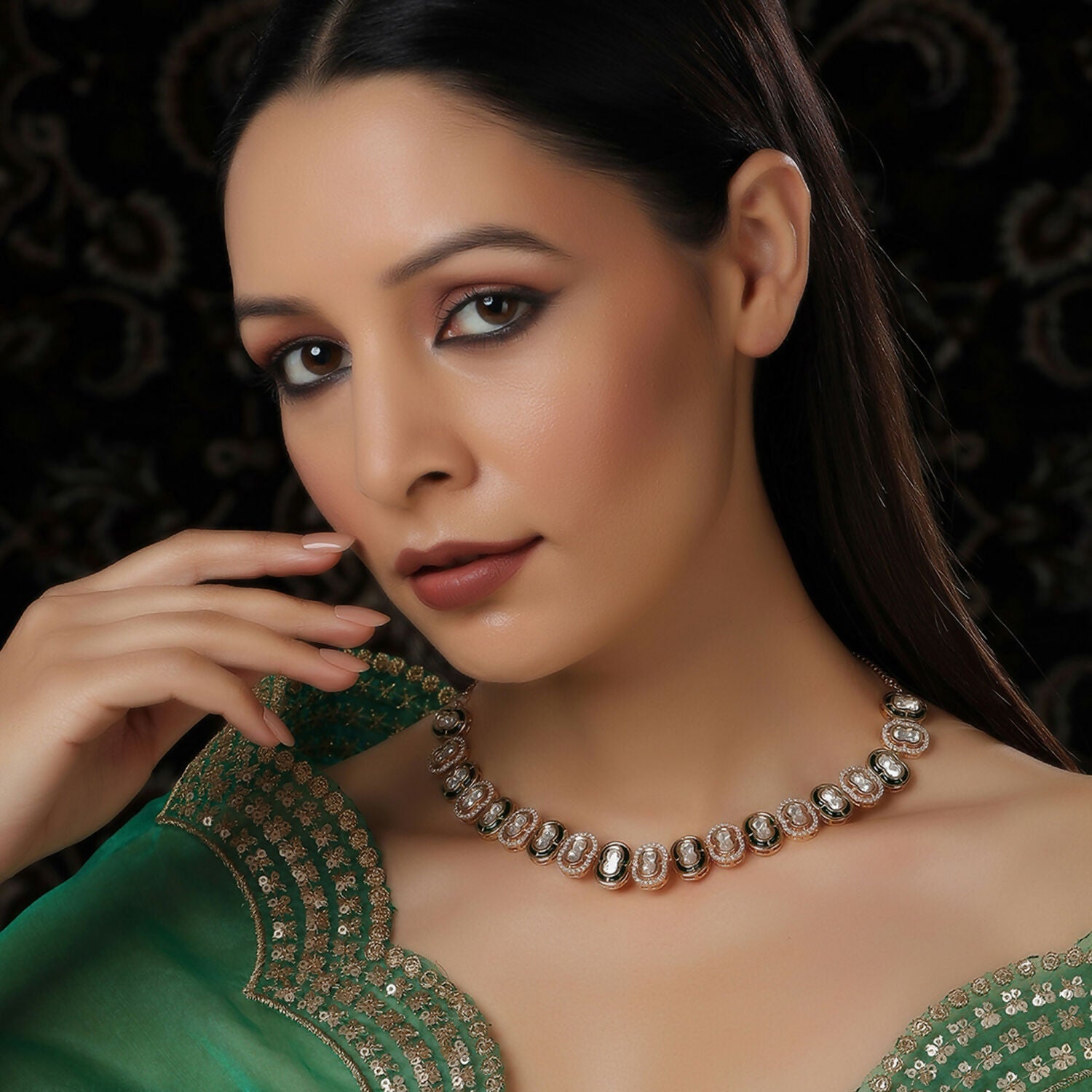 Double Mufli (peanut) Meenakari and Diamond Neckpiece (Gold) - Ruby Raang