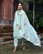 Vaasva Women's Tissue Silk Emboidered Suit Set With Solid Pant & Solid Embroidered Dupatta